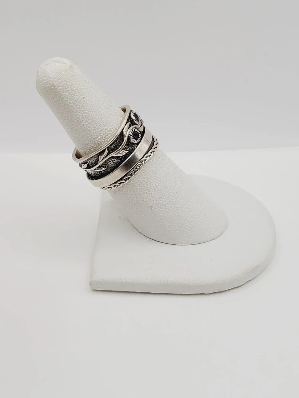 Genuine Amethyst 925 Sterling Silver Fidget Spinner Braided Band Leaf Ring - Picture 2 of 11